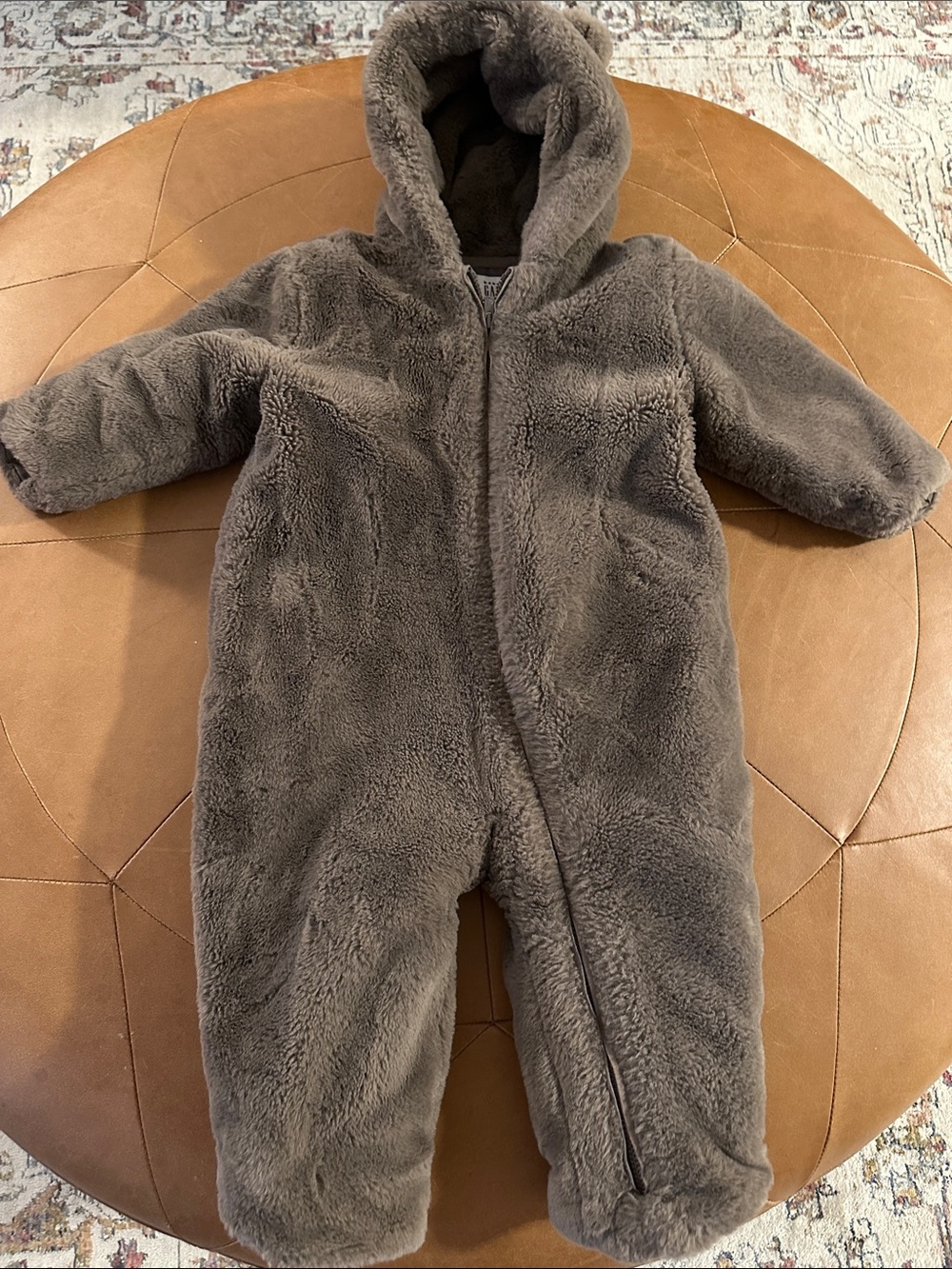 GAP Plush Hooded Baby One-Piece in Gray Brown